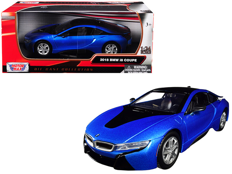 2018 BMW i8 Coupe Metallic Blue with Black Top 1/24 Diecast Model Car by Motormax — physical