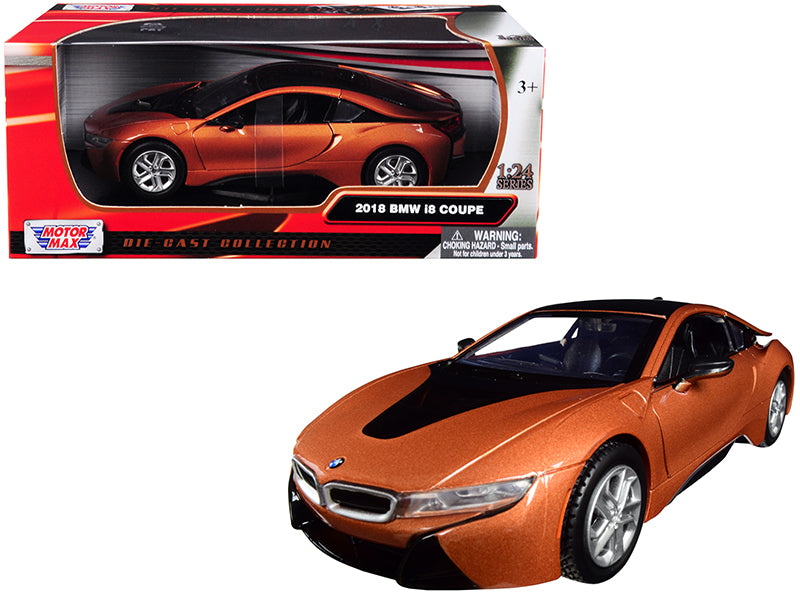 2018 BMW i8 Coupe Metallic Orange with Black Top 1/24 Diecast Model Car by Motormax — physical