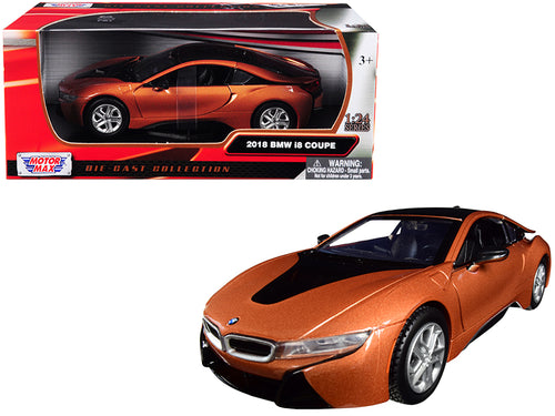 2018 BMW i8 Coupe Metallic Orange with Black Top 1/24 Diecast Model Car by Motormax — physical