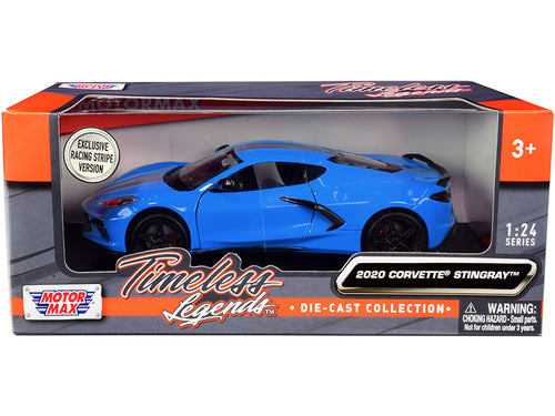 2020 Chevrolet Corvette C8 Stingray Blue with Silver Racing Stripes "Timeless Legends" 1/24 Diecast Model Car by Motormax —