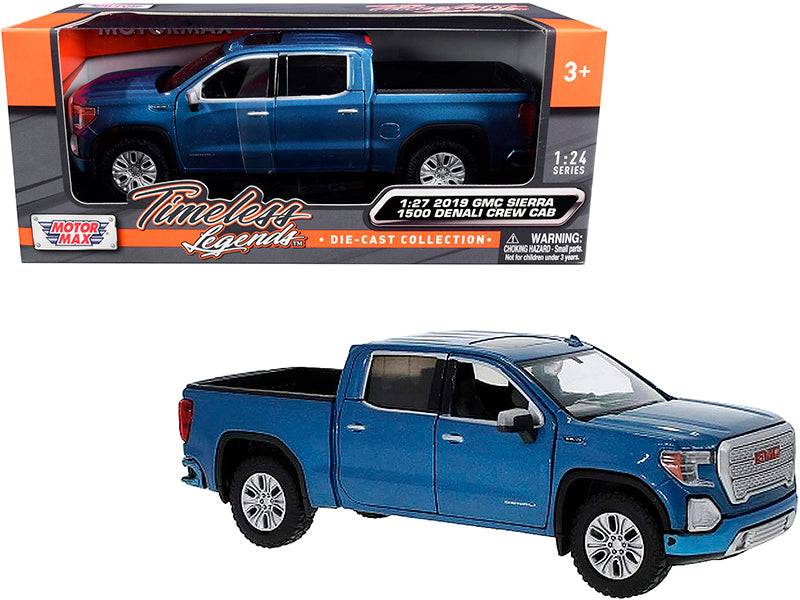 2019 GMC Sierra 1500 Denali Crew Cab Pickup Truck Blue Metallic 1/24-1/27 Diecast Model Car by Motormax — physical