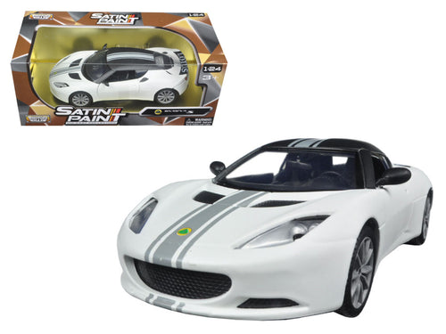 Lotus Evora S Matt White with Black Top and Gray Stripes "Satin Paint" Series 1/24 Diecast Model Car by Motormax — physical