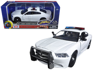 2011 Dodge Charger Pursuit Police Car White with Flashing Light Bar, Front and Rear Lights and 2 Sounds 1/24 Diecast Model