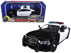 2011 Dodge Charger Pursuit Police Car Black and White with Flashing Light Bar and Front and Rear Lights and 2 Sounds 1/24