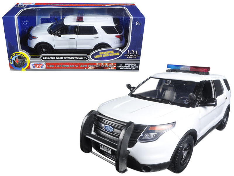 2015 Ford Police Interceptor Utility White with Flashing Light Bar and Front and Rear Lights and 2 Sounds 1/24 Diecast Model