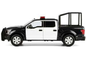 2019 Ford F-150 Lariat Crew Cab Pickup Truck with Bed Cage Black and White with Flashing Light Bar and Front and Rear Lights and Sounds 1/27 Diecast Model Car by Motormax