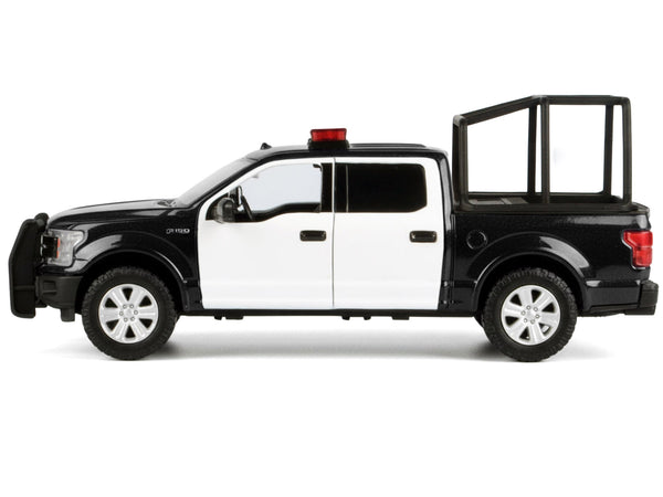 2019 Ford F-150 Lariat Crew Cab Pickup Truck with Bed Cage Black and White with Flashing Light Bar and Front and Rear Lights and Sounds 1/27 Diecast Model Car by Motormax