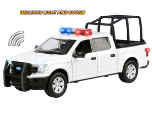 2019 Ford F-150 Lariat Crew Cab Pickup Truck with Bed Cage White with Flashing Light Bar and Front and Rear Lights and Sounds 1/27 Diecast Model Car by Motormax