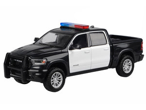 2019 RAM 1500 Laramie Crew Cab Pickup Truck Black and White with Flashing Light Bar and Front and Rear Lights and Sounds 1/27 Diecast Model Car by Motormax