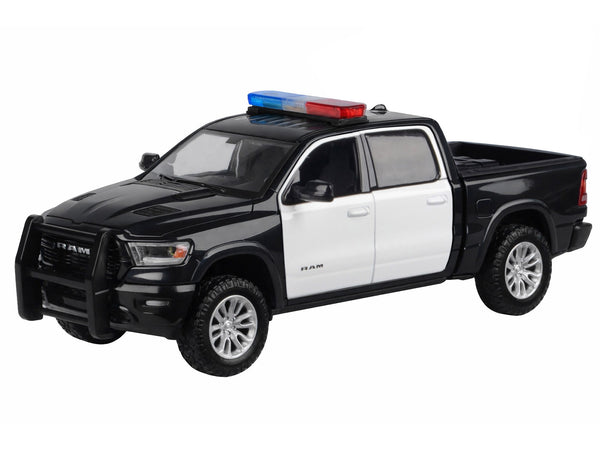 2019 RAM 1500 Laramie Crew Cab Pickup Truck Black and White with Flashing Light Bar and Front and Rear Lights and Sounds 1/27 Diecast Model Car by Motormax