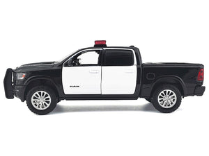 2019 RAM 1500 Laramie Crew Cab Pickup Truck Black and White with Flashing Light Bar and Front and Rear Lights and Sounds 1/27 Diecast Model Car by Motormax