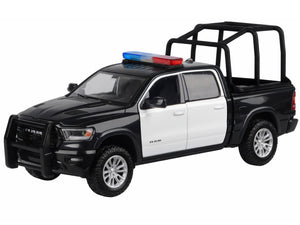2019 RAM 1500 Laramie Crew Cab Pickup Truck with Bed Cage Black and White with Flashing Light Bar and Front and Rear Lights and Sounds 1/27 Diecast Model Car by Motormax