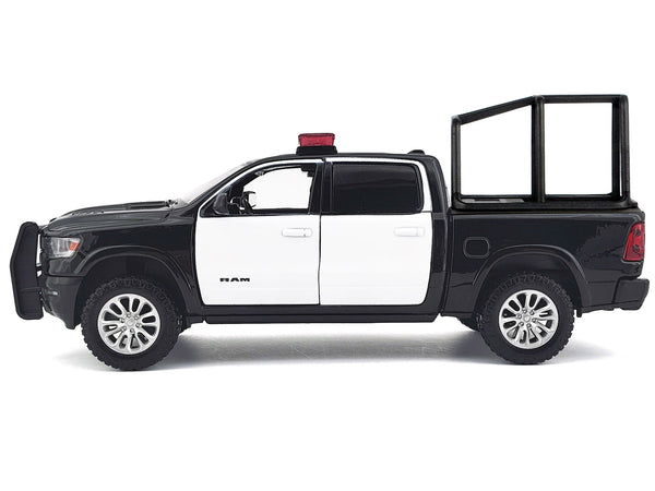 2019 RAM 1500 Laramie Crew Cab Pickup Truck with Bed Cage Black and White with Flashing Light Bar and Front and Rear Lights and Sounds 1/27 Diecast Model Car by Motormax