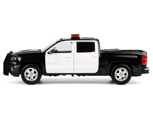 2017 Chevrolet Silverado 1500 LT Z71 Crew Cab Pickup Truck Black and White with Flashing Light Bar and Front and Rear Lights and Sounds 1/27 Diecast Model Car by Motormax