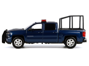 2017 Chevrolet Silverado 1500 LT Z71 Crew Cab Pickup Truck with Bed Cage Dark Blue with Flashing Light Bar and Front and Rear Lights and Sounds 1/27 Diecast Model Car by Motormax