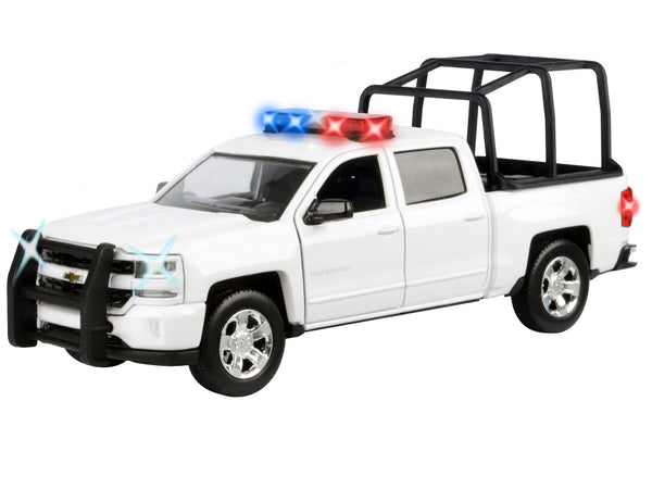 2017 Chevrolet Silverado 1500 LT Z71 Crew Cab Pickup Truck with White with Flashing Light Bar and Front and Rear Lights and Sounds 1/27 Diecast Model Car by Motormax