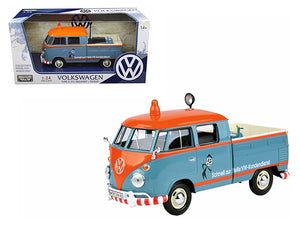 Volkswagen Type 2 (T1) Delivery Service Pickup Truck Blue and Orange "VW-Kundendienst" 1/24 Diecast Model Car by Motormax —