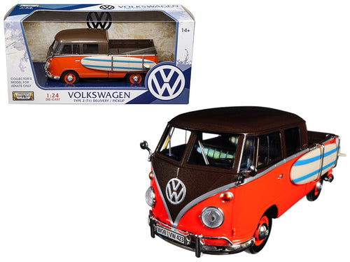 Volkswagen Type 2 (T1) Pickup with Surfboard Brown and Orange 1/24 Diecast Model Car by Motormax — physical