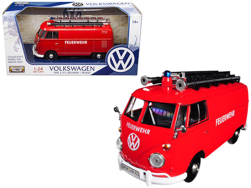 Volkswagen Type 2 (T1) Fire Van "Feuerwehr" Red 1/24 Diecast Model Car by Motormax — physical