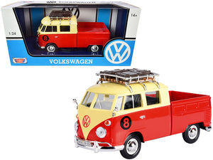 Volkswagen Type 2 (T1) #8 Pickup Truck with Roof Rack and Luggage Red and Yellow 1/24 Diecast Model Car by Motormax —
