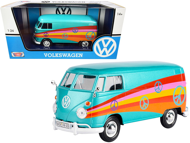 Volkswagen Type 2 (T1) Delivery Van "Peace" Turquoise Metallic 1/24 Diecast Model Car by Motormax — physical