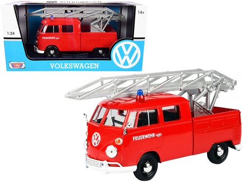 Volkswagen Type 2 (T1) Fire Truck with Aerial Ladder "Feuerwehr" Red 1/24 Diecast Model Car by Motormax — physical