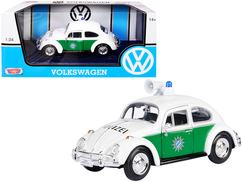 1966 Volkswagen Beetle German Police Car White and Green 1/24 Diecast Model Car by Motormax — physical