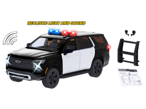 2025 Chevrolet Tahoe PPV Black and White "Builder's Kit" with Flashing Light Bar and Front and Rear Lights and Sounds 1/24 Diecast Model Car by Motormax