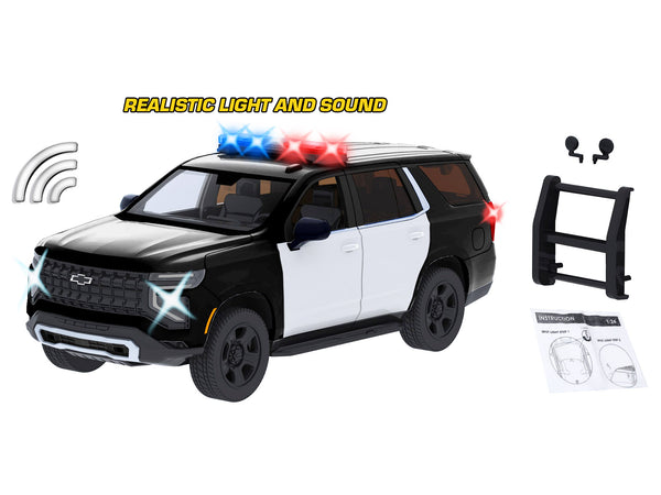 2025 Chevrolet Tahoe PPV Black and White "Builder's Kit" with Flashing Light Bar and Front and Rear Lights and Sounds 1/24 Diecast Model Car by Motormax