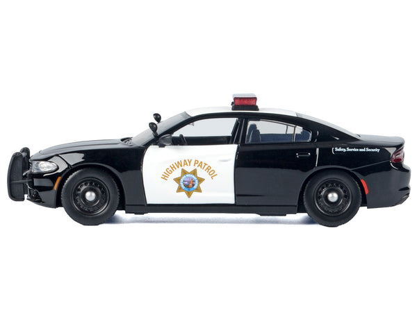 2023 Dodge Charger Pursuit Police Car "California Highway Patrol (CHP)" Black and White with Flashing Light Bar and Front and Rear Lights and Sounds 1/24 Diecast Model Car by Motormax