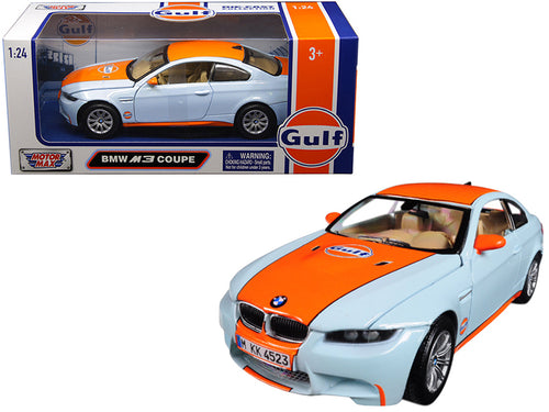 BMW M3 Coupe with "Gulf Oil" Livery Light Blue with Orange Stripe 1/24 Diecast Model Car by Motormax — physical