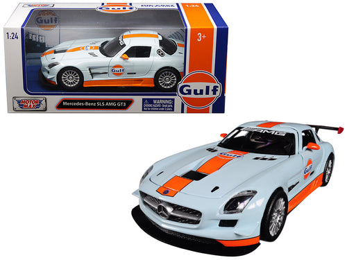 Mercedes Benz SLS AMG GT3 with "Gulf" Livery Light Blue with Orange Stripe 1/24 Diecast Model Car by Motormax — physical