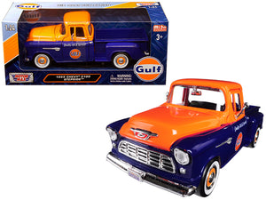 1955 Chevrolet 5100 Stepside Pickup Truck "Gulf" Dark Blue and Orange 1/24 Diecast Model Car by Motormax — physical