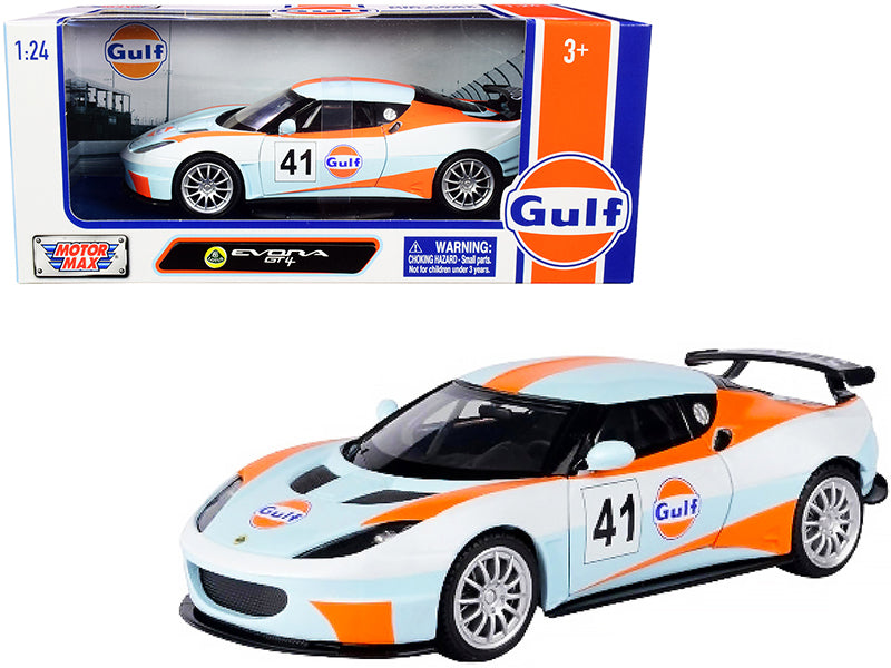 Lotus Evora GT4 #41 "Gulf Oil" Light Blue with White and Orange Stripes 1/24 Diecast Model Car by Motormax — physical