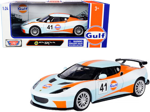 Lotus Evora GT4 #41 "Gulf Oil" Light Blue with White and Orange Stripes 1/24 Diecast Model Car by Motormax — physical