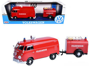 Volkswagen Type 2 (T1) Fire Van with Fire Fighting Trailer "Feuerwehr" Red 1/24 Diecast Model Car by Motormax — physical
