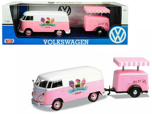Volkswagen T1 Delivery Van with Ice-Cream Trailer Pink and White "Ice-Cream Shop" 1/24 Diecast Model Car by Motormax —