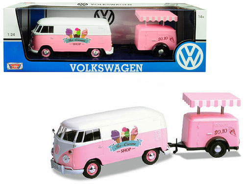Volkswagen T1 Delivery Van with Ice-Cream Trailer Pink and White "Ice-Cream Shop" 1/24 Diecast Model Car by Motormax —