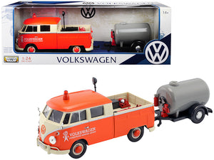 Volkswagen Type 2 (T1) Pickup Truck Orange and Cream with Oil Trailer "Road Service" 1/24 Diecast Model Car by Motormax —