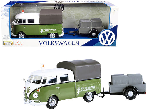 Volkswagen T1 Pickup with Canopy Green and White with Trailer "Road Service" 1/24 Diecast Model Car by Motormax — physical