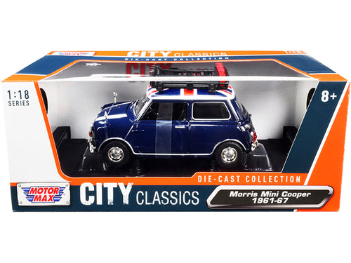 1961-1967 Morris Mini Cooper RHD (Right Hand Drive) Dark Blue with British Flag on the Top and Roof Rack "City Classics"