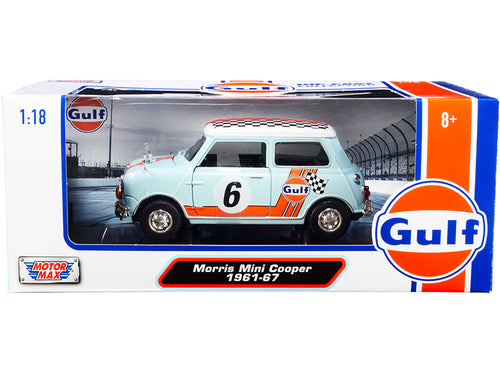 1961-1967 Morris Mini Cooper RHD (Right Hand Drive) #6 "Gulf Oil" Light Blue with Orange Stripes and Checkered Top "City