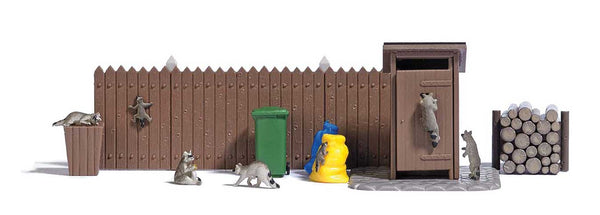 Black Forest® Hobby Supply Co Busch 7922 HO Scale Raccoons - Raccoons, Wood Fence, Wood Pile, Trash Can, Etc — HO Scale