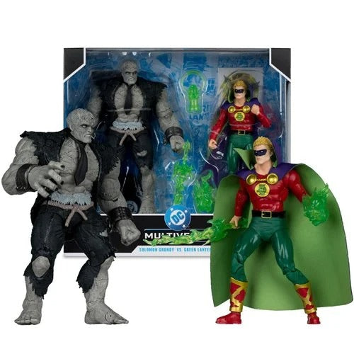 Two action figures in front of their packaging on a white background