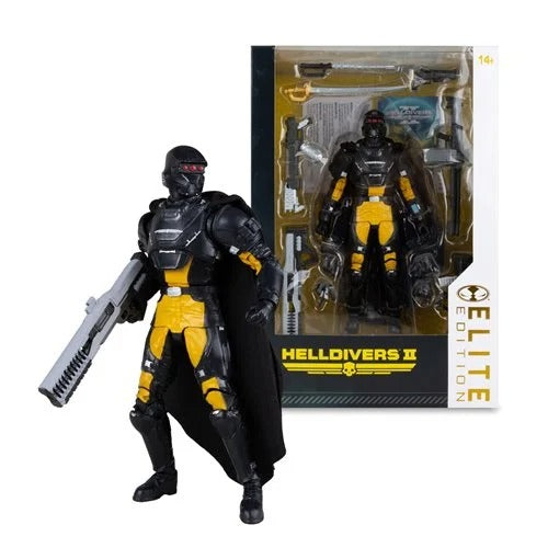 Elite Edition Helldivers II action figure shown standing in front of its retail box. The figure is primarily black and yellow with a black cape and holds a gray weapon.