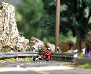 Black Forest® Hobby Supply Co Busch 7941 HO Scale Super Racer - Red Motorcycle with Rider, Guardrails — HO Scale Scenery >