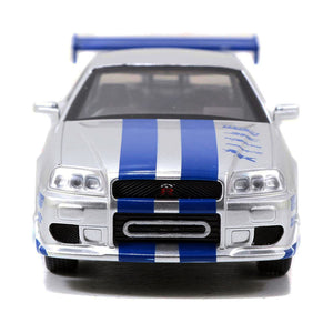 Brian's Nissan Skyline GT-R (R34) RHD (Right Hand Drive) Silver Metallic with Blue Stripes "2 Fast 2 Furious" (2003) Movie "Fast & Furious 25th Anniversary" Series 1/32 Diecast Car Model by Jada