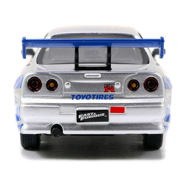 Brian's Nissan Skyline GT-R (R34) RHD (Right Hand Drive) Silver Metallic with Blue Stripes "2 Fast 2 Furious" (2003) Movie "Fast & Furious 25th Anniversary" Series 1/32 Diecast Car Model by Jada