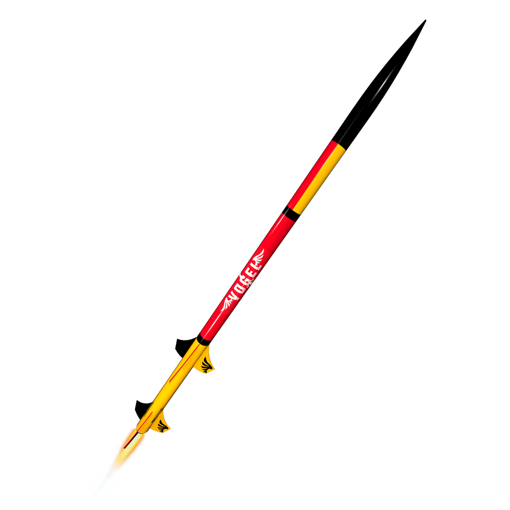 Estes Rockets - Vogel Pro Series II 2 Stage Rocket displayed alongside its packaging, highlighting a sleek red, yellow, and black model rocket designed for beginner to advanced STEM educational use.