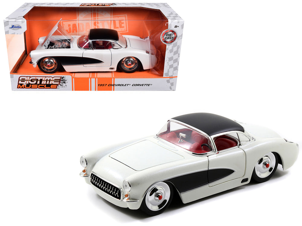 1957 Chevrolet Corvette Satin Cream Metallic with Matt Black Top and Side 1/24 Diecast Model Car by Jada — physical